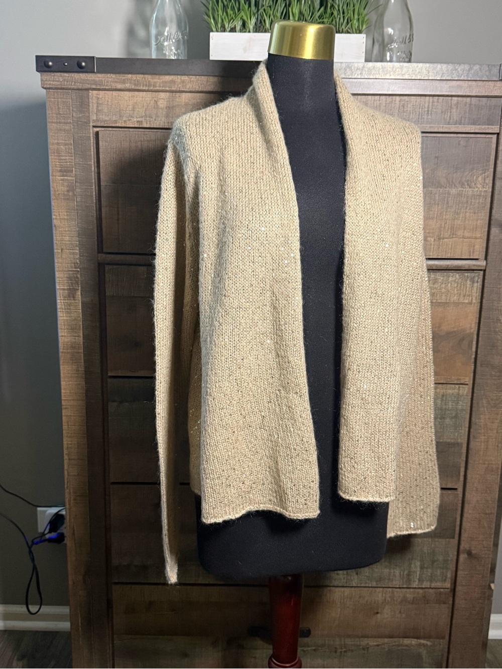J. Jill Open Front Sequin Knit Cardigan Sweater Beige Tan Mohair Blend Size L